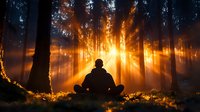 Silhouette of person meditating in misty forest at sunrise, with dramatic sunbeams streaming through trees creating magical atmospheric scene. For wellness and spirituality themes.