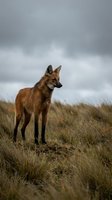 Wild red fox standing alert in natural grassland habitat under dramatic cloudy sky. Wildlife photography capturing predator in autumn wilderness landscape.