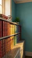 Cozy home library with colorful vintage books on wooden shelves, teal wall, natural window light and small plant creating warm reading atmosphere.