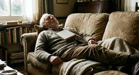 Senior Caucasian man relaxing on comfortable beige sofa in cozy living room with natural sunlight streaming through windows and bookshelves in background.