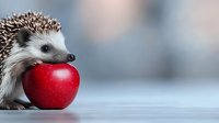 Small hedgehog next to bright red apple on light surface against blurred background, creating charming nature composition for greeting cards and social media.