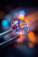 Brilliant cut diamond held in tweezers against colorful bokeh background, showcasing light refraction and sparkle with vibrant blue, purple and orange highlights.
