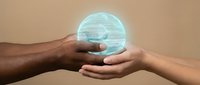 Global connection and collaboration between diverse people, hands holding glowing digital globe for worldwide business, technology, and communication concepts.