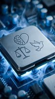Computer processor chip with AI symbols brain dove scales justice on blue circuit board background representing artificial intelligence ethics technology.