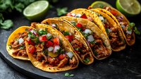 Mexican street tacos with spicy meat, fresh cilantro, diced onions, tomatoes and lime on black stone plate. Traditional authentic cuisine served hot and ready.
