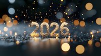 Glowing numbers 2026 with golden sparkles and bokeh lights on dark reflective surface, festive new year celebration atmosphere with blurred circles.
