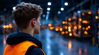 Young Caucasian male worker in high-visibility safety vest looking at blurred industrial facility with warm lighting and bokeh effects at night.