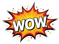 Comic book style WOW explosion burst with red yellow colors and stars on white background for pop art designs and promotional materials.