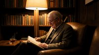Elderly Caucasian man with glasses reading book in cozy home library with warm lamp light, leather armchair, wooden bookshelves creating peaceful study atmosphere.