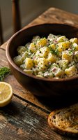 Creamy potato salad with dill, ham, and fresh herbs served in rustic wooden bowl on wooden table with lemon and bread for lunch or dinner meal preparation.