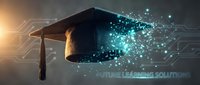 Digital graduation cap with glowing particles and circuit patterns representing online education technology and future learning solutions.
