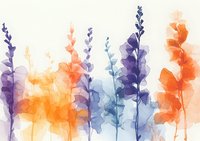 Delicate watercolor wildflowers in purple, orange and blue hues against light background create gentle floral composition with transparent wash technique.