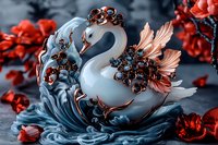 Elegant white swan figurine adorned with copper wings and garnet crystals, floating on stylized blue waves amid red floral elements on dark background.
