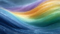 Vibrant flowing waves of rainbow colors with sparkling particles create dynamic abstract background pattern for creative design projects and presentations.