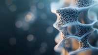 Microscopic view of bone tissue structure showing detailed trabecular network and porous matrix on blurred dark background with bokeh effect. Medical research concept.