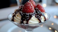 Fresh raspberries topped with powdered sugar over creamy vanilla ice cream swirls, drizzled with dark chocolate sauce in elegant glass dessert bowl against soft bokeh lights.