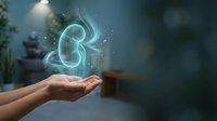 Glowing holographic kidney floating above cupped hands with light particles and medical technology effects for healthcare and organ donation awareness campaigns.