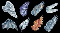 Watercolor wings collection featuring eight isolated designs including angel wings, butterfly wings, fairy wings, dragonfly wings, bat wings, and feathered wings in blue, purple, orange and gray tones. Transparent background, ready for t-shirt design, clipart, stickers, sublimation and print-on-demand projects.