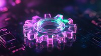 Glowing neon gear shape on dark circuit board background with purple and blue lighting effects creates futuristic technological atmosphere.