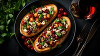 Toasted bread slices topped with diced tomatoes, fresh herbs, crumbled cheese and olive oil on dark plate. Food styling for culinary blogs, recipe websites and restaurant menus.