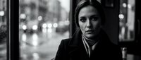 Pensive young Caucasian woman in a coat gazing through a rain-streaked window, black and white urban portrait evoking solitude and emotion.