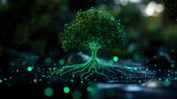 Glowing green tree with digital root system on dark background, representing technology connection and nature integration. Network visualization concept.