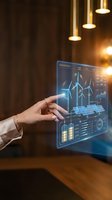 Hand touching holographic renewable energy dashboard with wind turbines and solar panels data visualization for sustainable technology presentations.