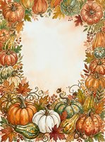 Autumn harvest frame with hand-drawn pumpkins, gourds, and fall foliage on cream background. Isolated design element ready for invitations, cards, and seasonal projects.