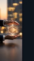Businessman hands protecting glowing geometric cube network with bokeh lights background representing data security and digital technology innovation.