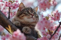 Curious tabby cat sitting on cherry blossom branch, looking up among pink spring flowers. Soft bokeh background creates dreamy atmosphere for nature and pet photography.