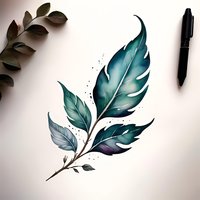 Watercolor botanical art featuring elegant teal feather with delicate leaves, splatter details and gradient effects on white background. Suitable for tattoo design.