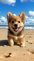 Happy Pomeranian puppy running on sandy beach with ocean waves and blue sky background, showing joyful expression and fluffy fur coat.