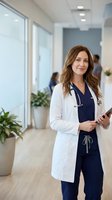 Female doctor with brown wavy hair, Caucasian ethnicity, wearing white lab coat and navy scrubs with stethoscope, holding tablet in modern hospital corridor with colleagues and plants.