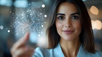 Young professional woman touching digital network interface with glowing connections and data points in modern office environment for technology concepts.