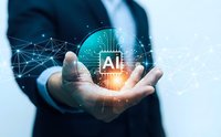 Businessman holding glowing artificial intelligence hologram with network connections and data visualization in cupped hands for technology presentations.