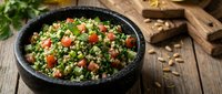 Fresh tabbouleh salad with parsley, tomatoes and bulgur wheat in black bowl on rustic wooden table. Healthy Mediterranean cuisine for restaurant menus.