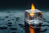 Burning ice cube with flame on wet surface creating steam and water droplets in dramatic lighting for creative concepts and surreal art projects.
