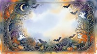 Watercolor Halloween border frame with ghosts, bats, pumpkins, and bare trees, featuring a blank center space for text or design.