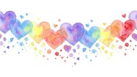 Watercolor rainbow hearts border with colorful paint splatters on white background for romantic designs, wedding invitations and love-themed projects.