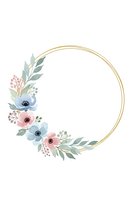 Watercolor floral wreath with gold circle frame, featuring soft blue and pink flowers with green leaves. Isolated on white background, ready for invitations, greeting cards, and design projects.