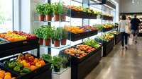 Modern grocery store produce section with fresh vegetables and herbs displayed on sleek black shelves. Colorful organic food market interior design.