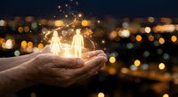 Hands holding glowing family silhouettes with magical sparkles against blurred city lights background symbolizing protection, care and love for family bonds.