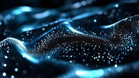 Abstract digital wave pattern with glowing blue particles and dots creating dynamic flowing motion against dark background, modern technology concept.