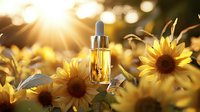 Essential oil dropper bottle among blooming sunflowers in golden sunset light, natural organic skincare and aromatherapy concept for wellness and beauty.