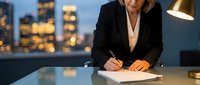 Mature Caucasian businesswoman in black suit signing documents at desk with city lights in background during evening hours.