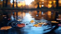 Autumn maple leaves floating on dark water surface with concentric ripples, golden bokeh lights in background creating magical evening atmosphere.