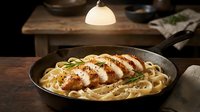 Grilled chicken breast sliced over creamy pasta with herbs in cast iron skillet on rustic wooden table under warm pendant light for dinner recipes.