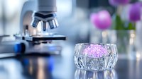 Microscope in laboratory setting with crystal bowl containing pink flower petals, creating scientific aesthetic with soft bokeh background for research concepts.