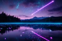 Mystical night landscape with glowing purple meteor streak across starry sky, reflecting in calm lake surface amid mountain silhouettes and forest.