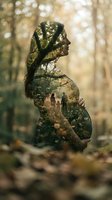 Pregnant woman silhouette with double exposure forest scene showing couple walking among trees in warm golden light creating artistic maternity concept.